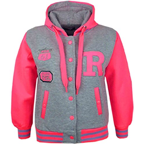 Jacket Girls Boys Fashion Baseball Hooded - B.B Jacket. Grey Neon Pink 132