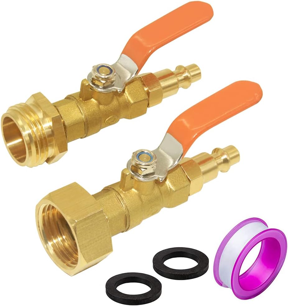 Hooshing Winterize Blowout Adapters 1/4 Inch Male Quick Connecting Plug and 3/4 Inch GHT Hose Thread, With Ball Valve and Gaskets For Blow Out Water to Winterize Sprinkler Systems