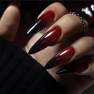 BABALAL Halloween Press On Stiletto Almond Fake Nails - Goth Glue Red Black Artificial, Punk Full Cover Acrylic For Women and Girls