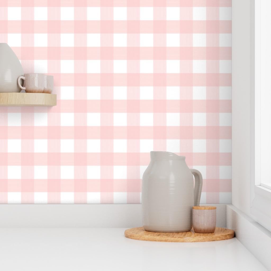 Peel & Stick Wallpaper Swatch - Pastel Pink Plaid Country Gingham Farmhouse Chic Classic Buffalo Check Cottagecore Custom Removable Wallpaper by Spoonflower