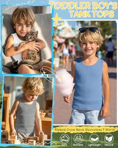 Image of 4 Pack Toddler Boys Cotton Tank Tops | Ribbed, Sleeveless T-Shirts, Summer Undershirts, Slim Fit, Crewneck, Layering, Sizes 18M-5T