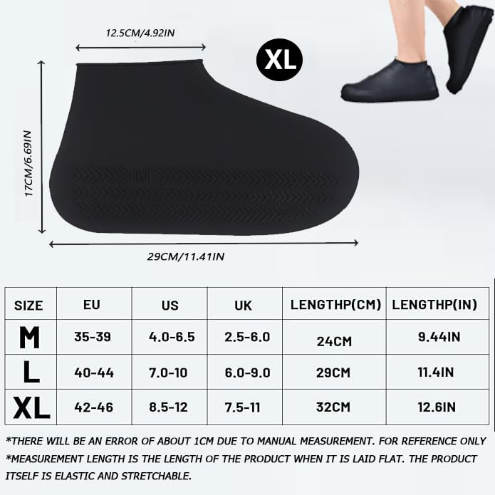 FaJoek Wasserdichte Silikon Überschuhehe Outdoor, Silikon Regenüberschuhe, Rutschfeste Silikon Regenüberschuhe, Regen-SchuhüBerzieher für Regen, Schnee, Wüstenstrand (Schwarz, XL)