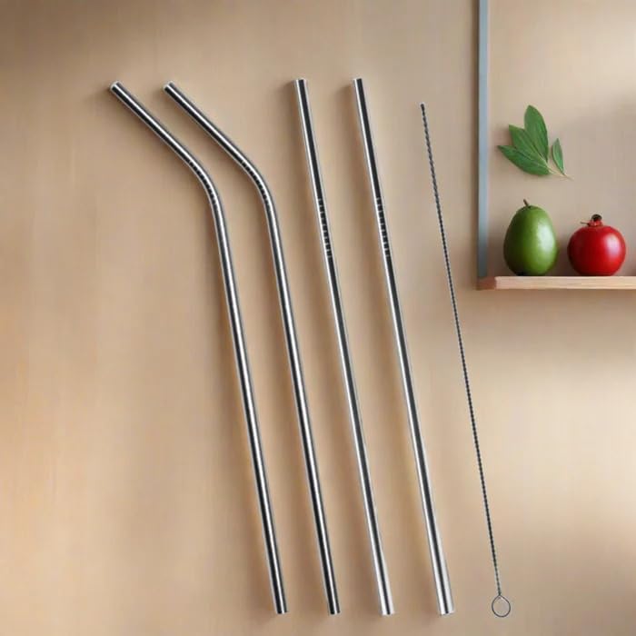 Image of Reusable Stainless Steel Straws Set - 5 Pieces (2 Bend Pipe, 2 Long, 1 Cleaning Brush) - Rainbow Metal Drinking Straws