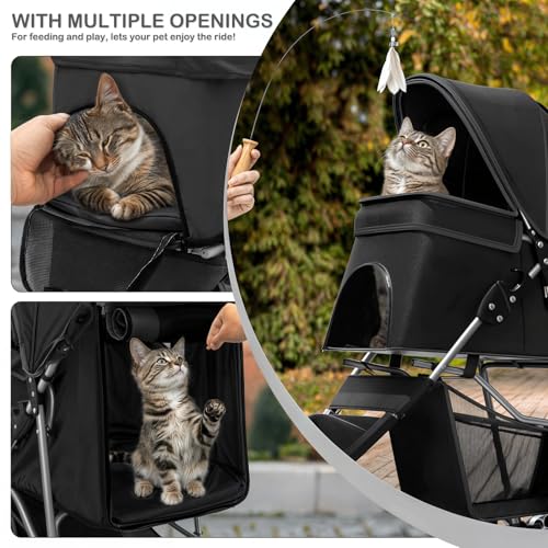 MoNiBloom Foldable Pet Stroller with Weather Cover, 3 Wheels Pet Strolling Cart for Small/Medium Dogs and Cats with Storage Basket and Cup Holder, Breathable and Visible Mesh for All-Season, Black - Image 7