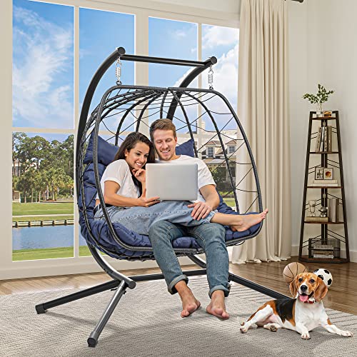Yitahome Hanging Egg Swing Chair With Stand Double Egg Chair 2 Person Wicker Chair Indoor Outdoor Hammock Egg Chair With Cushions 500Lbs For Patio, Bedroom, Garden And Balcony, Navy Blue #TOP30