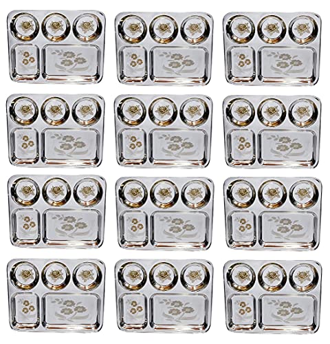 SAGER® Stainless Steel Lunch/Dinner Plate/Bhojan Thali 5 in 1 Compartments with Mirror Finish, Floral Laser Design in All compartments Set of 12 (B091N25JDC) Amazon Price History, Amazon Price Tracker