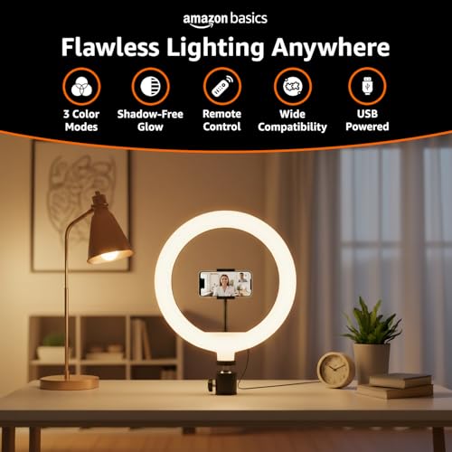 Image of Amazon Basics 10-inch Ring Light | 3 Color Modes | 10 Brightness Settings | Compatible with All Smart Phones | Suitable for Vlogging, YouTube Videos, Photoshoots, Live Streaming & More