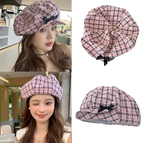 Adult Lattice Hat Girls French Hat with Bowknot Hot Girls Woman Painter Taking Photo Camping Hat Pink2