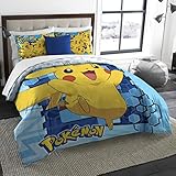 DP 3pc Blue Yellow Pokemon Big Pikachu Twin/Full Bedding Comforter Set, Pokemon Ball White Blue Sky Kids Bedding Bedroom, Cute Bold Bright Geometric Anime Cartoon Pattern
