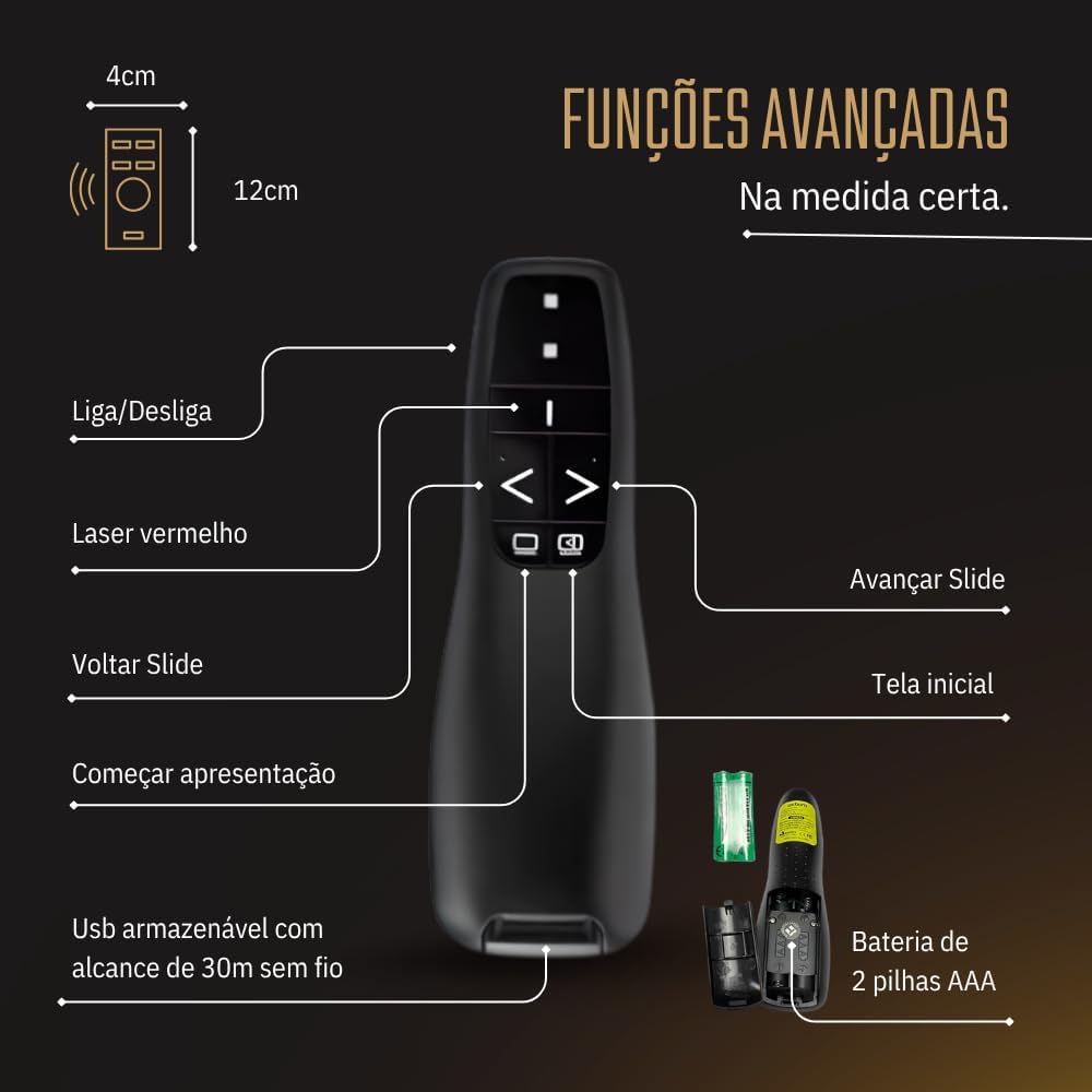 Apresentador Passador de Slides Sem Fio com Laser | 30m Alcance | Controle Laser Sem Fio 2.4G Profissional | Passador de Slides | Laser Vermelho p/Apresentações + 2 Pilhas AAA