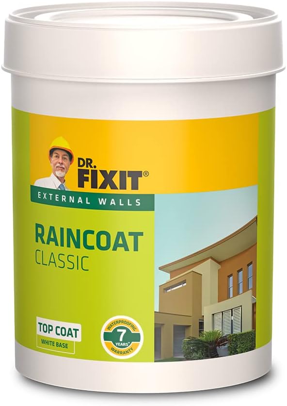 Dr. Fixit RAINCOAT CLASSIC WHITE, External wall waterproofing, Coating, 1000+ unique shades, No dilution, 1 Litre, Single Coat Application, Elastomeric, 7 years waterproofing, Brush, Roller, Spray