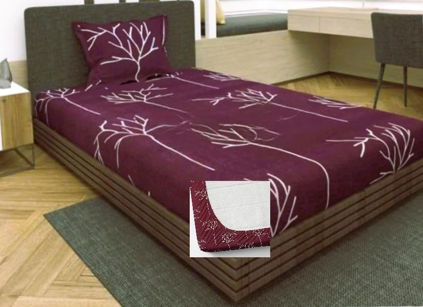 Image of 202 TC Cotton Feel All Around Elastic Fitted Bedsheet, Elastic Fitted Bedsheet Single Size Bedsheet for Single Bed with 1 Pillow Cover, Size - 72 x 36 x 8 Inch Color
