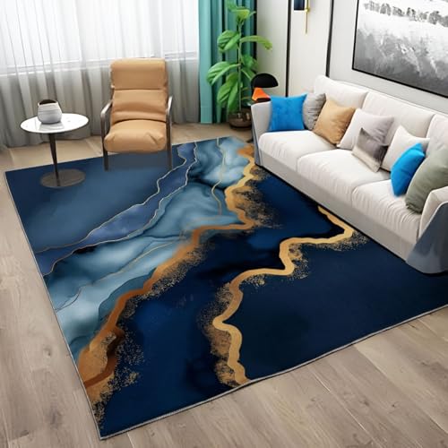 Tapis de salon doux et antidérapant à texture marbre bleu - 4