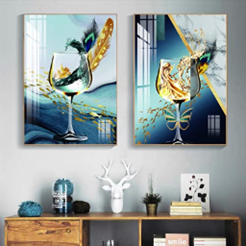 Poisson Doré Toile Mur Art Peinture Bleu Feuille d'Or : Affiche Moderne Salle à Manger 40x50cm