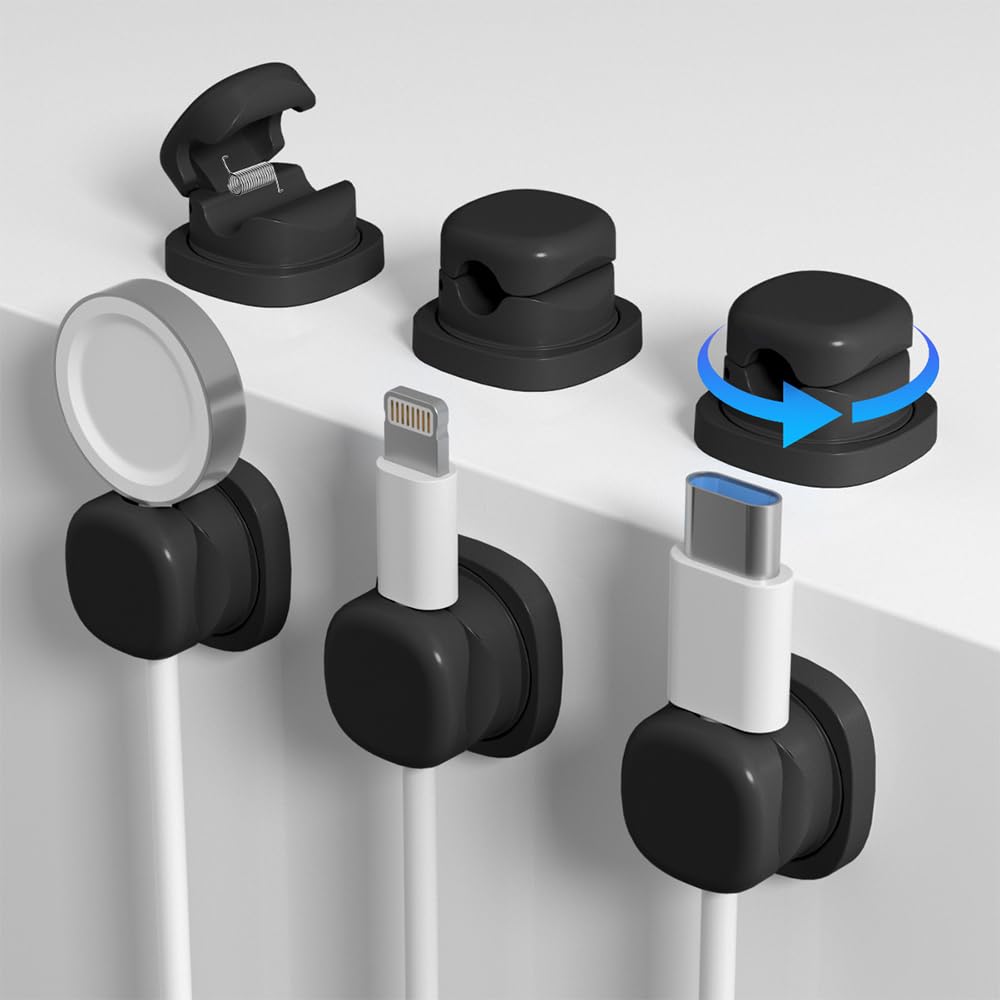 Rotating Cable Organiser 6 Pack, Self Adhesive Cable Clips Holder, 360° Swivel Cord Management for Desk Home Office Wall