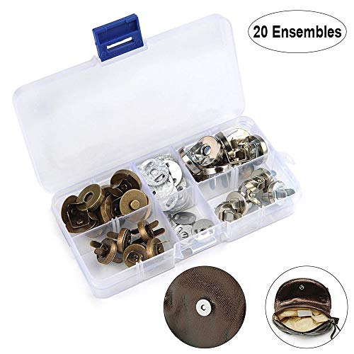 RXYYOS® Bouton Pression Fermoir Magnétique Aimantent Circulaire Rétros 20 Ensembles avec Boîte, Diamètre de 18mm et 14mm, Argent et Cuivré pour Sac en Tissu, Vêtements en Cuir à Coudre, Craft DIY
