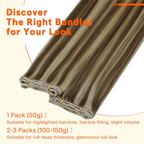 Image of Full Shine Butterfly Weft Hair Extensions, 16 Inch 50G Human Hair | Brown Highlights Blonde, Medium Length Straight Hair, Double Side Weft, Seamless Micro Bead, Invisible PU Holes, Natural Look