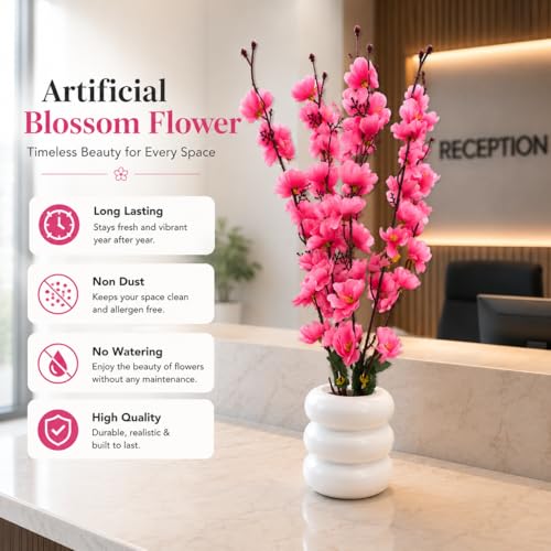 Image of Artificial Pink Flower Stems in Modern Ceramic-Style Pot Faux Blossom Arrangement for Home Decor, Living Room, Bedroom, Office Desk, Table Centerpiece & Interior Decoration