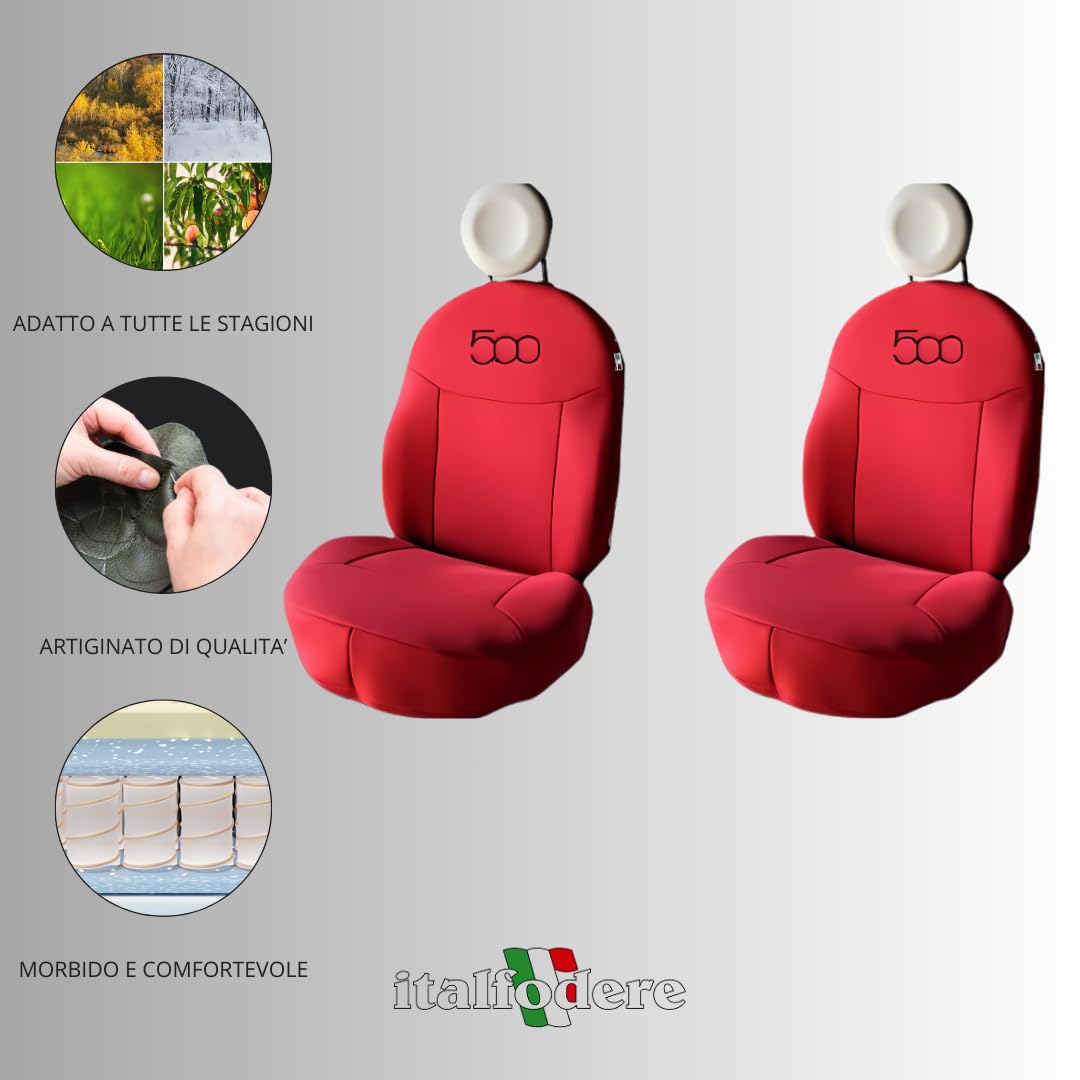 Italfodere - Coppia Coprisedili Anteriori Compatibili con Fiat 500 - Cotone Accoppiato - Fatti a Mano - Eleganti e Resistenti - Accessori Auto Interno - Rosso - Made in Italy