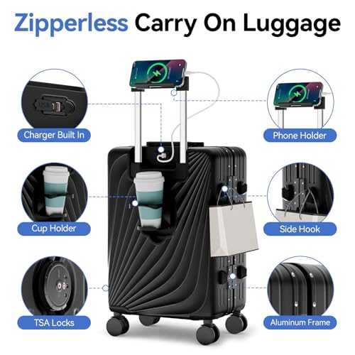 Image of Carry On Luggage, Aluminum Frame Zipperless Suitcase, Black, 20 in | Airline Approved, Hardside, TSA Lock, 360Spinner Wheels, PC, Wet and Dry Separation Pocket, Cup and Phone Holder, Side Hook