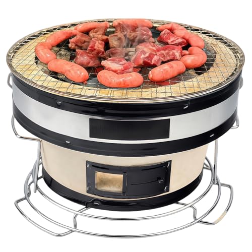 Quxxuol バーベキューコンロ 炭火焼きコンロ 焚き火台 セラミック火鉢 バーベキューグリル 焼肉プレート 丸型七輪 ポータブル 焼き網付き耐高温性 お手入れ簡単 やけど防止 室内屋外用 (焼き網)