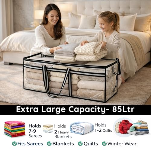 Image of Storite Multi-Purpose Heavy Duty Moisture Proof 85 Litres Transparent Super-Size Jumbo Underbed Storage Bag /Toys /Blankets /Stationery Paper /Clothes Storage Bag (88x27x36 cm)