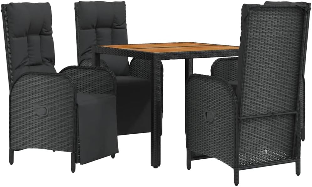 vidaXL 5-Piece Modern Patio Dining Set - Black Poly Rattan Outdoor Furniture with Reclining Function, Comfortable Cushions, Acacia Wood Tabletop
