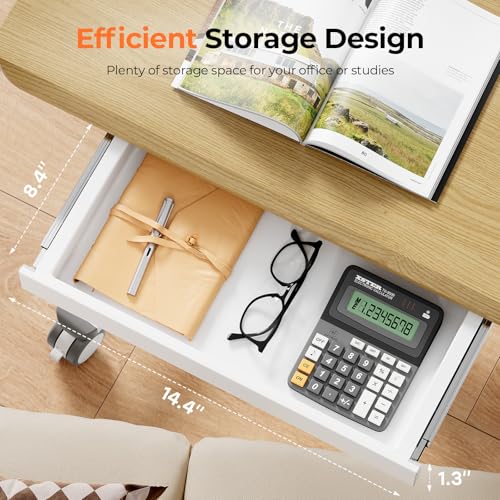 Image of Mobile Standing Desk with Drawer, 28 inch Rolling Desk with Cup Holder and Hooks, Portable Laptop Workstation on Wheels, Height Adjustable Cart with Storage for Home Office, Maple