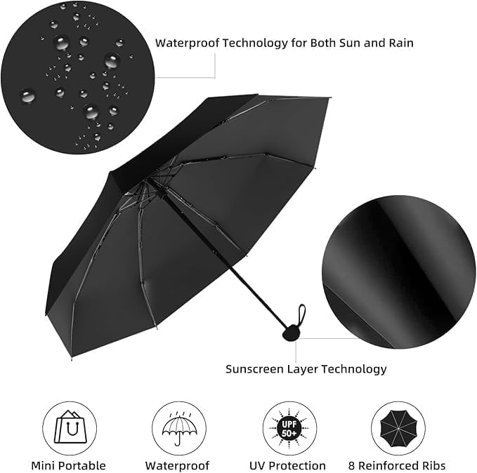 MOROVIK Portable Auto Travel Umbrella, UV Big Size Umbrella for Sun Protection Rain Windproof Strong large 3 fold for men women kids boys girls Perfect small & stylish Windproof & Compact (BLACK ( POUCH ) - 1) 3