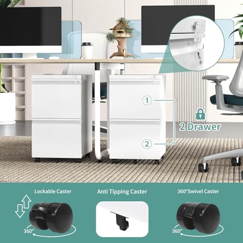 Image of Guizeeopo 2 Drawer Locking File Cabinet, Fully Assembled Heavy-Duty Metal Filing Cabinets for Home Office, Quiet Slides, Anti-Tipping Wheels, Fits A4 /Letter /Legal, Matte White