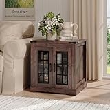 Fameill Farmhouse End Table with LED Lights,Sofa Side Table with Glass Barn Door,Vintage Wood Square Nightstand Bedside Table for Living Room,24' Large with Adjustable Storage Shelf,Brown