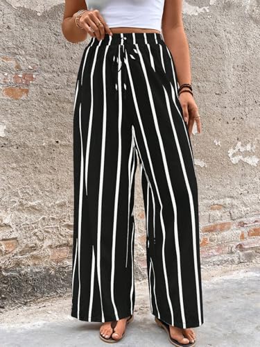 Image of Acelitt Women Casual Drawstring Elastic Waist Striped Wide Leg Pants with Pockets, S-XXL