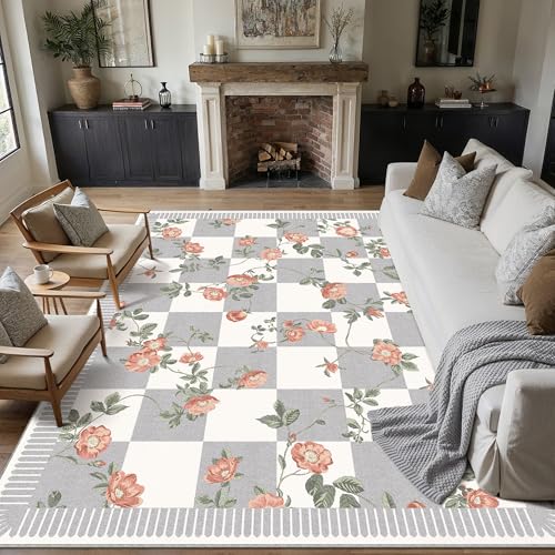 PureCozy Waschbarer Teppich Wohnzimmer Vintage Böhmischen Kariert Flower Tepich