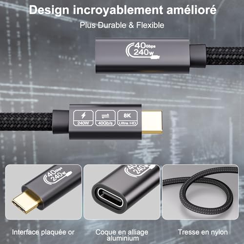 EUDOBEL Przedłużacz USB C 1m, przedłużający USB 4 40Gbps 8K@60Hz 240W 48V/5A, przedłużacz Thunderbolt USB C męski do żeńskiego dla Thunderbolt 4, Thunderbolt 5, Switch, MacBook, iPad Pro, VR, SSD