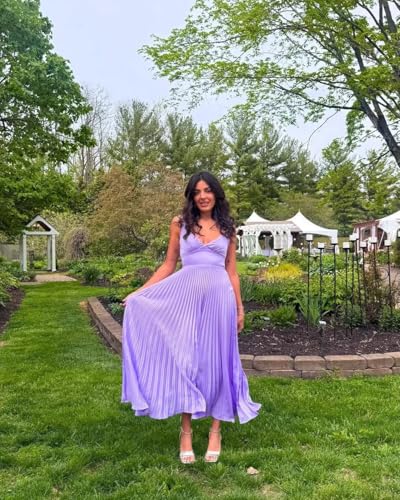 Satin Bridesmaid Dresses for Women V-Neck A-Line Pleated Spaghetti Straps Tea Length Wedding Guest Dress4