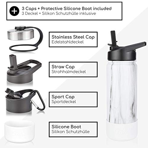 Milu Botella de Agua, 500ml, 750ml, 1000ml (+3 Tapas) - Acero Inoxidable, Libre BPA, Para Bebidas Calientes, Frías y Carbonatadas (Mármol, 500ml) - Imagen 4
