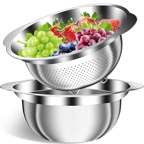 Image of Colander, Strainer Bowl, Stainless Steel Colander, Rice Washing Bowl, Pasta Strainer & Vegetable Washer, Kitchen Strainer with Mixing Bowl for Draining, Food Prep, Dishwasher Safe, 5QT