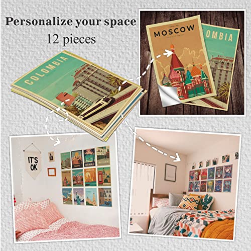 Hk Studio Vintage Travel Posters Decal For Dorm, Teen Room Decor - City Wall Art For Aesthetic Room Decor, Downtown Girl Room Decor, Hippie Room Decor - Travel Decor - 8" X 12", Pack 12 #TOP2