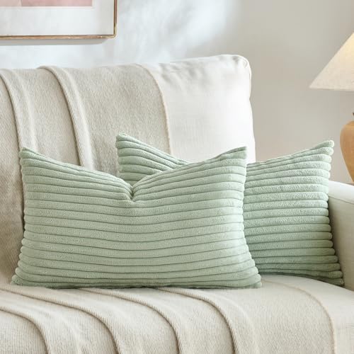 Fancy Homi Set of 2 Sage Green Boho Lumbar Decorative Throw Pillow Covers 12x20 Inch for Bedroom Couch Chair, Soft Cozy Corduroy Rectangle Cushion Case, Bohemian Home Decor, Men Women Teen Girls Gift