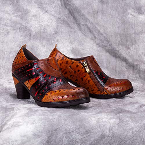 CrazycatZ Leather Pumps,Womens Colorful Patchword Block Heel Bohemian Vintage Shoes4