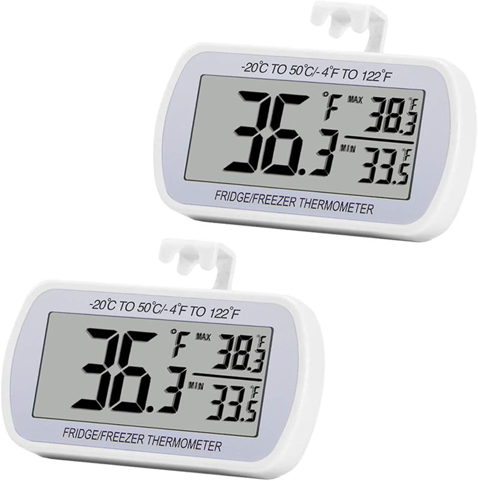 Digital Refrigerator Thermometer 2 Pack Fridge Freezer Room Thermometer Waterproof Large LCD Display Max/Min Record Function, White