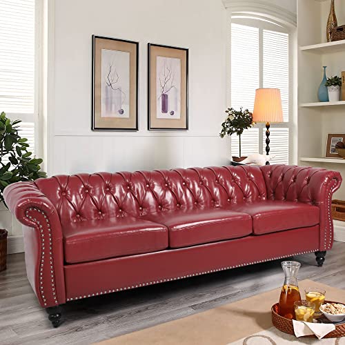 Image of LEVNARY Chesterfield Sofa, Classic Tufted Upholstered Leather Couch, Modern 3 Seater Couch Furniture with Tufted Back for Living Room Office (Wine Red)