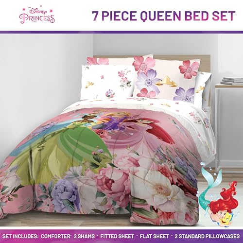 Image of Disney Princess Queen Comforter Set 7 Piece Bedding for Girls, Pink