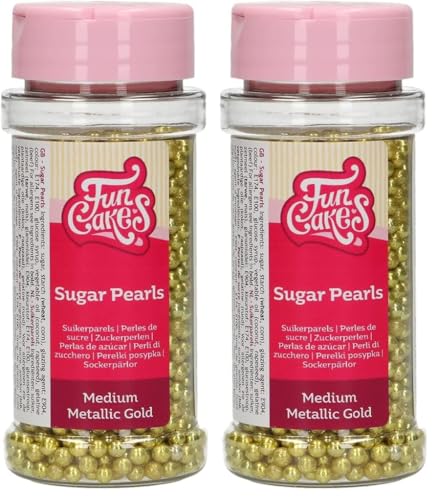FunCakes Perles en Sucre Moyennes Or Métallique: sprinkles gâteau, bon goût, parfait pour la décoration de gâteaux, perles de sucre comestibles. 80 g.