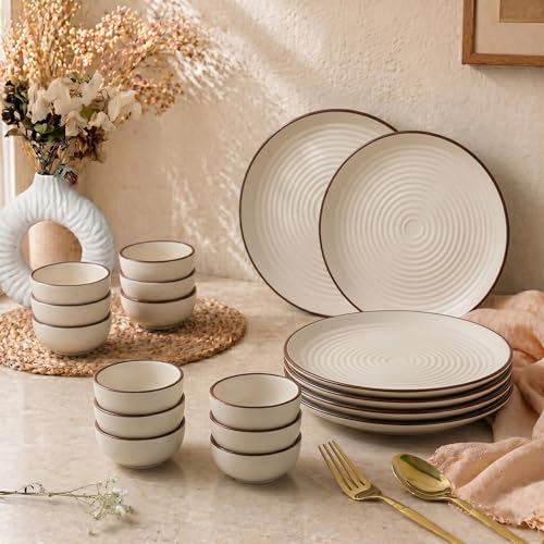 Image of The Earth Store Spiral White Ceramic Dinner Set, 18 Pieces with 6 Dinner Plates & 12 Vegetable Bowls | Microwave & Dishwasher Safe | Crockery Set for Dining & Gifting