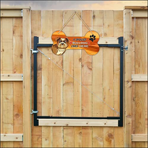Image of CVANU Angry Dog MDF Wooden Pet Sign Plaque Bone Design A Spoiled Bulldog Lives Here Animal Love Sign Board, Name Plate for Dog House Brown & Yellow, Size(10x5) inch