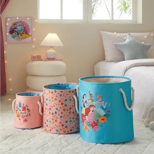 Image of Disney Princess 3 Piece Fabric Storage Basket Set, Nestable Toy Storage Bins with Rope Handles, Kids Bedroom & Nursery Organizer