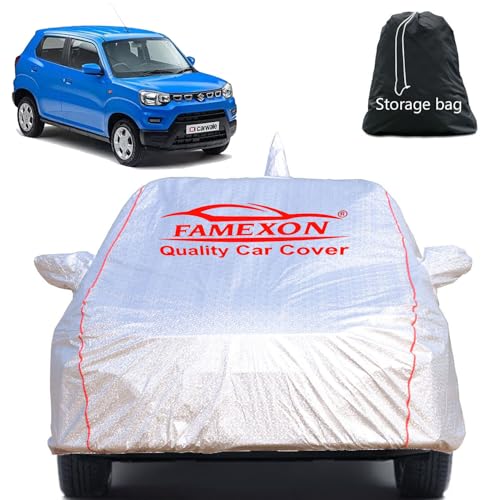 Image of Full Body Car Cover for Maruti Suzuki S-Presso with Mirror and Antena Pocket Triple Stiched(Silver with Red Piping)