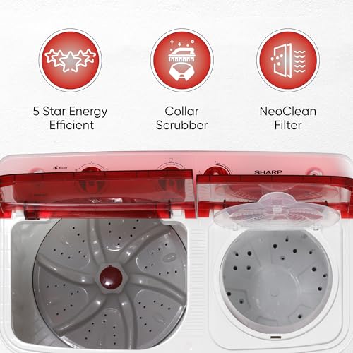 Image of SHARP 7 kg, 5 star with E-Spin Pulsator,Semi-Automatic Top Loading Washing Machine, 1300 RPM (ES-SD70NB-PR, Ruby Red, Pure Wave)