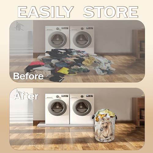 Image of Horse Laundry Basket,Gold Flower Butterfly Clothes Hamper,Oxford Cloth Collapsible Nursery Hamper Storage Organization for Bedroom,Bathroom,Office,College Dorms,16x20 Inch
